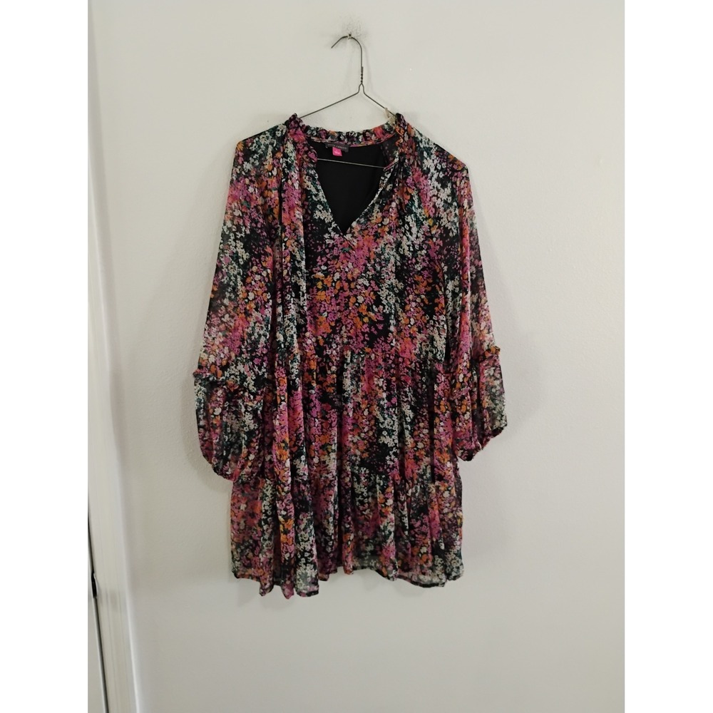 Vince Camuto Floral Tiered Mini Dress Black Pink Multi Color Long Sleeve Large